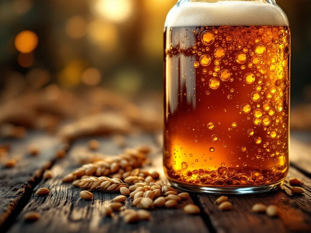 Donker amber Bock bier gist in glazen gistingsvat met bubbels, omringd door mout en hop op houten planken