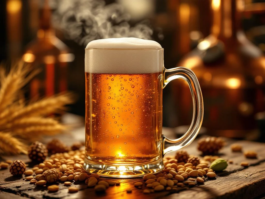 Donkere amber Bock bier in elegante glazen mok met schuimkraag op rustieke houten tafel met gerst en hopbellen