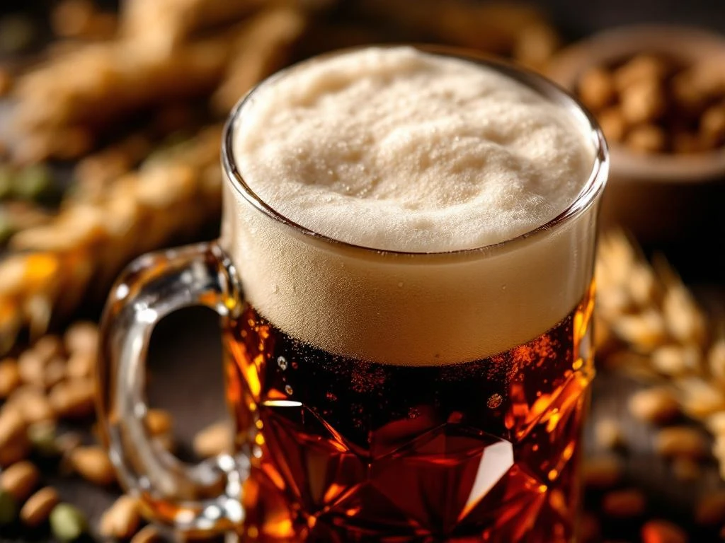 Donker amber Bock bier in elegant glas met romige schuimkraag, condensdruppels en gerst op houten achtergrond