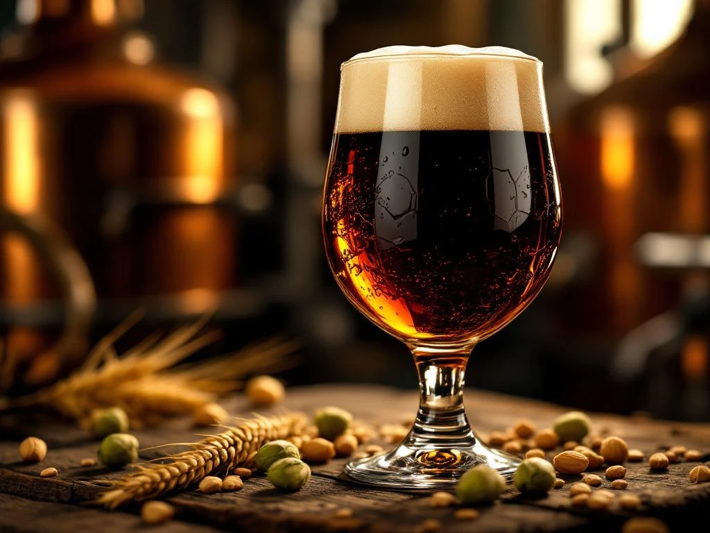 Donker amber Bock bier in elegante kelk met romige schuimkraag op houten tafel met gerst en hopbellen