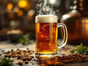 Donker amber Bock bier in elegant glas met schuimkraag op rustieke houten tafel met brouwerijingrediënten op achtergrond