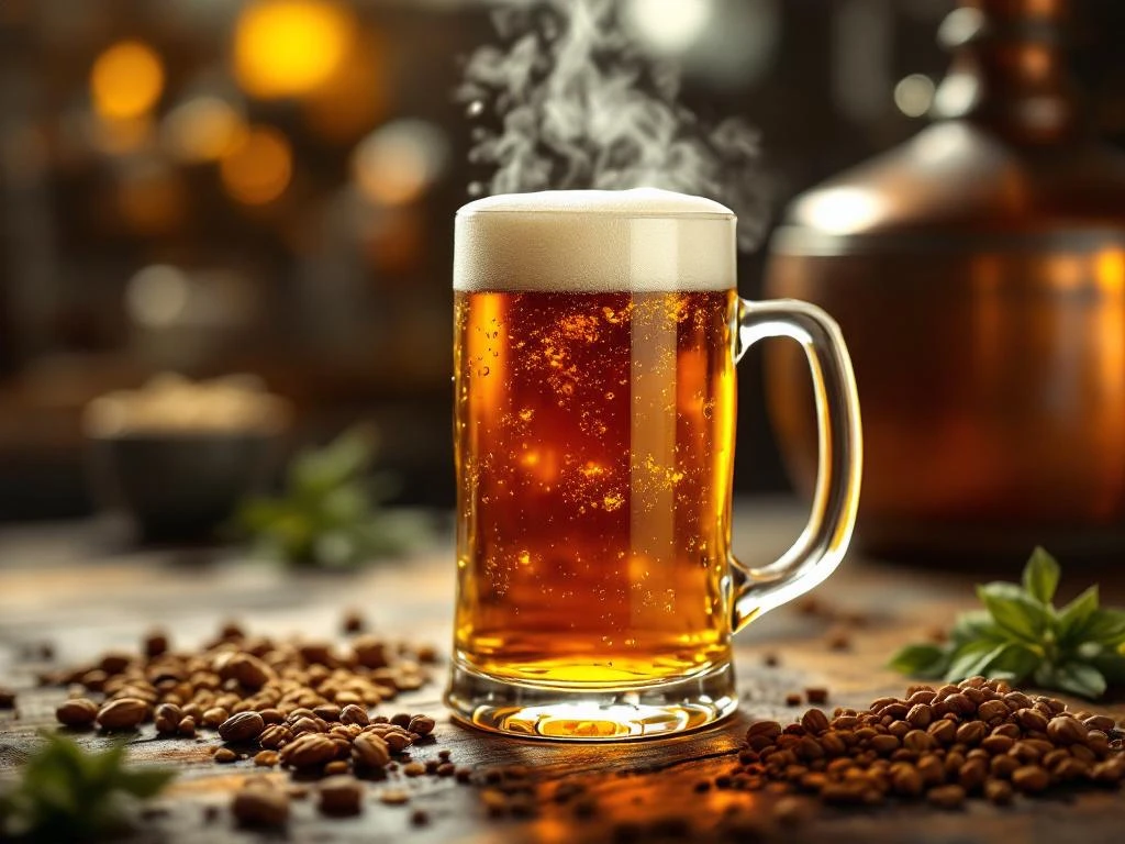 Donker amber Bock bier in elegant glas met schuimkraag op rustieke houten tafel met brouwerijingrediënten op achtergrond