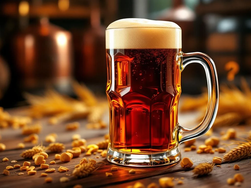 Donker amber Bock bier met gouden schuimkraag in elegant glas op rustieke houten bar met gerst en hopbellen