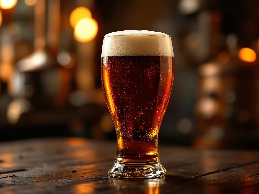 Bock bier in elegant glas met diepe amber kleur, romige schuimkraag en warme verlichting op brouwerij achtergrond