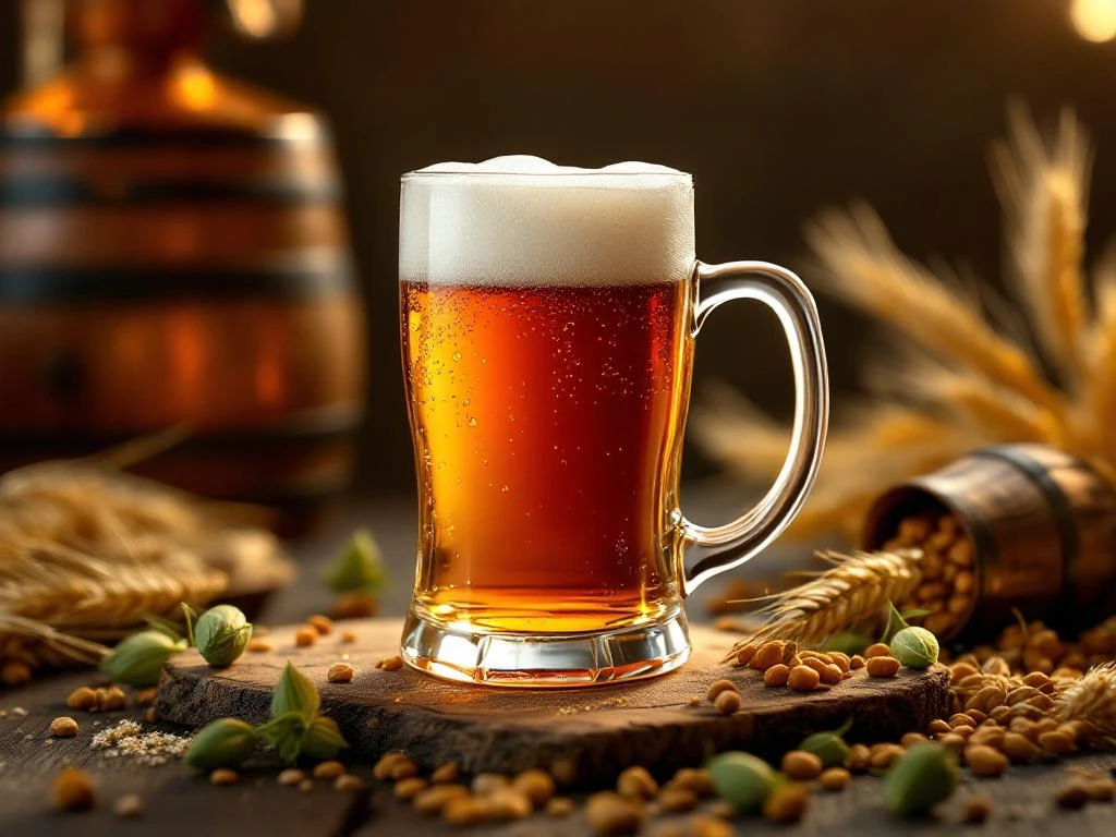 Amber bockbier in glazen mok met gouden schuim op houten tafel met gerst en hopbloemen, brouwerijapparatuur op achtergrond