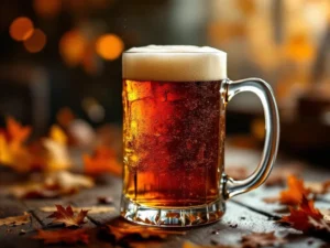 Recepten en Blog 1 Donkere amber Bock bier in elegant glas met gouden schuim op rustieke houten tafel met herfstbladeren