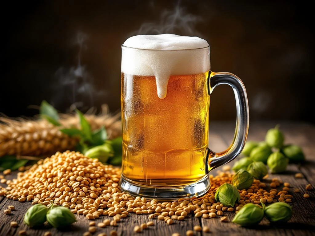 Goudkleurig Bock bier in traditioneel glas met schuimkraag, omringd door mout, hopbellen en brouwingrediënten op hout