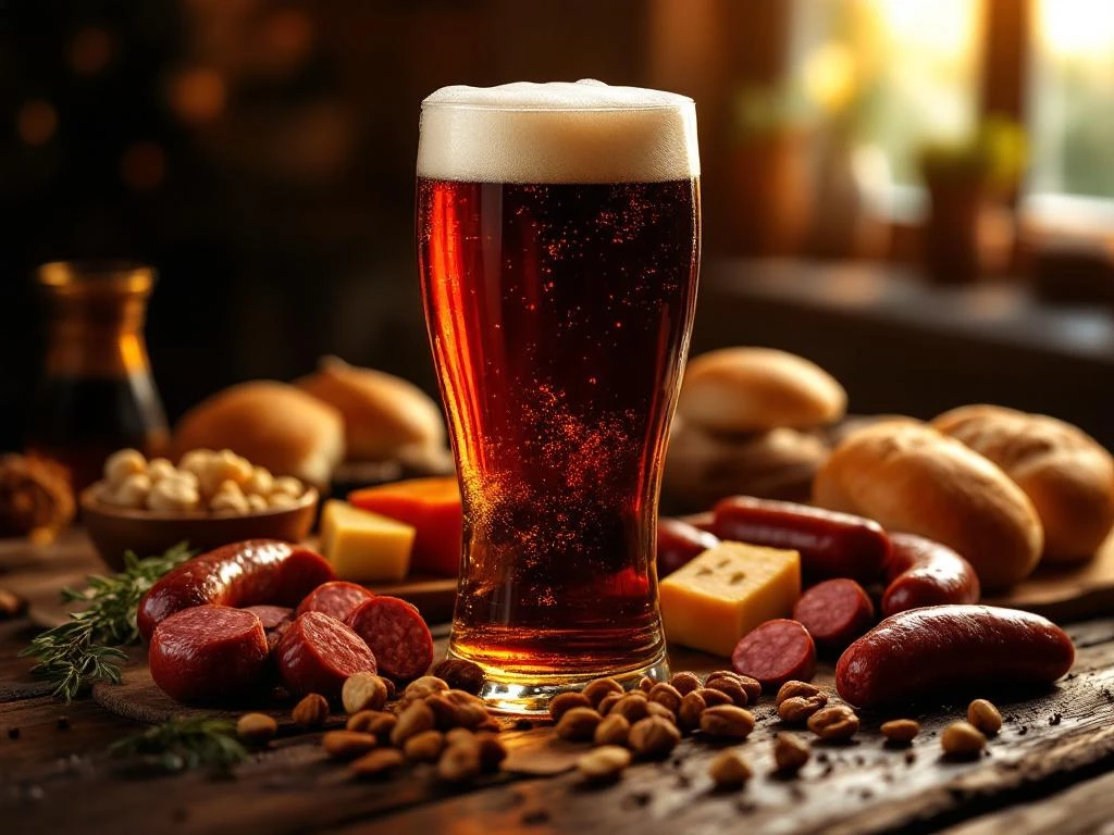 Glas donker Bock bier met schuimkraag op houten tafel, omringd door worst, kaas, noten en brood in warme sfeer