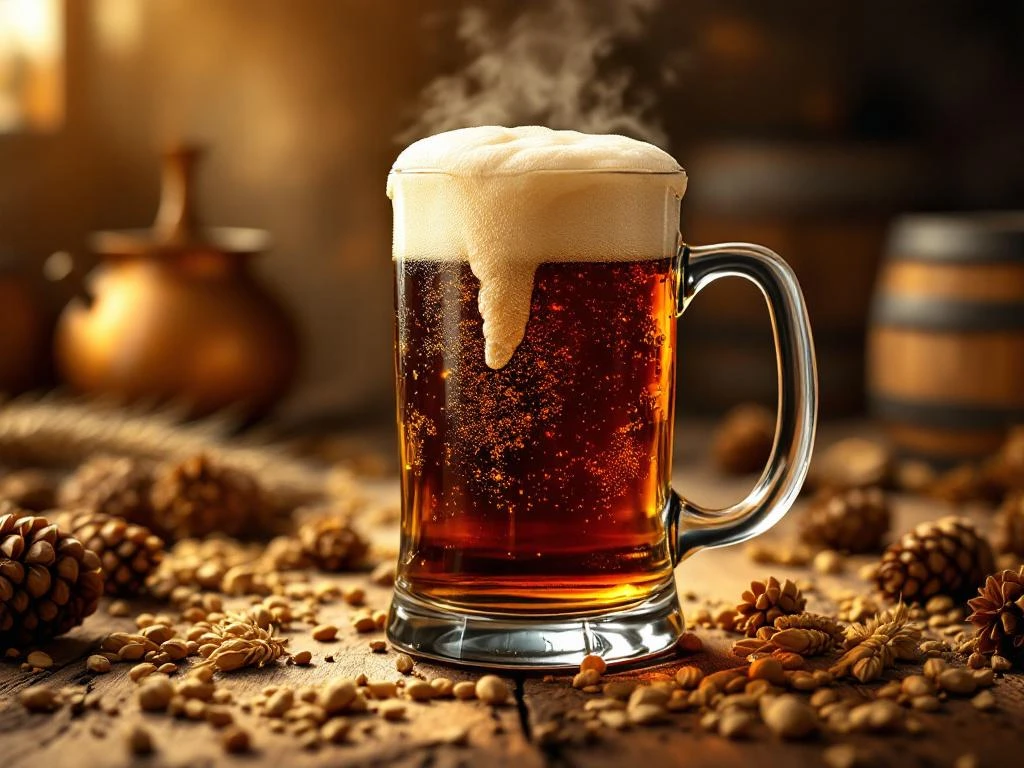 Donker amber Bock bier in elegant glas met gouden schuim, omringd door mout en hop op verweerd eikenhout
