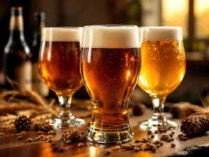 Drie Bock bierglazen met amber, donkere en gouden bieren op houten tafel met gerst en hopbellen op achtergrond
