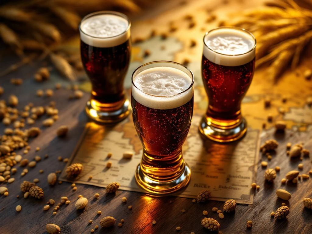 Drie glazen donker bockbier op houten tafel met vintage wereldkaart, gerst en hopbellen, warme verlichting