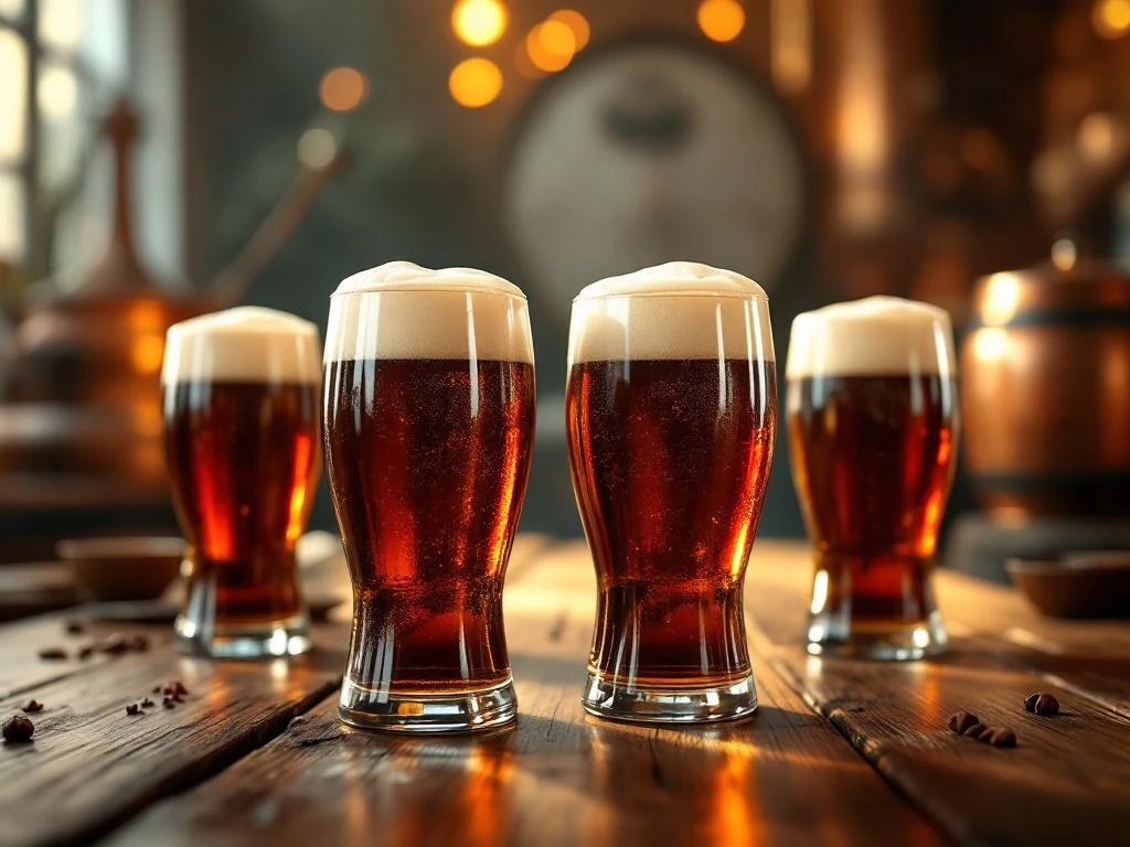 Donkere amber Bock bierglazen op rustieke houten tafel met romige schuimkragen, Nederlandse brouwerij achtergrond