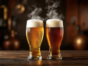 Recepten en Blog 7 Twee elegante bierglazen met gouden Bock en donkere Doppelbock bieren op houten bar met warme sfeerverlichting