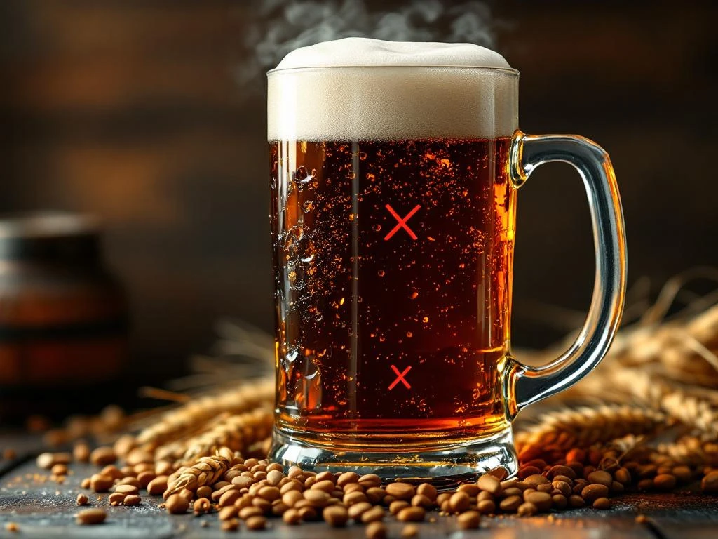 Donkere amber bock bier in elegant glas met gouden schuim, omringd door granen met rode kruisjes, houten brouwerij achtergrond