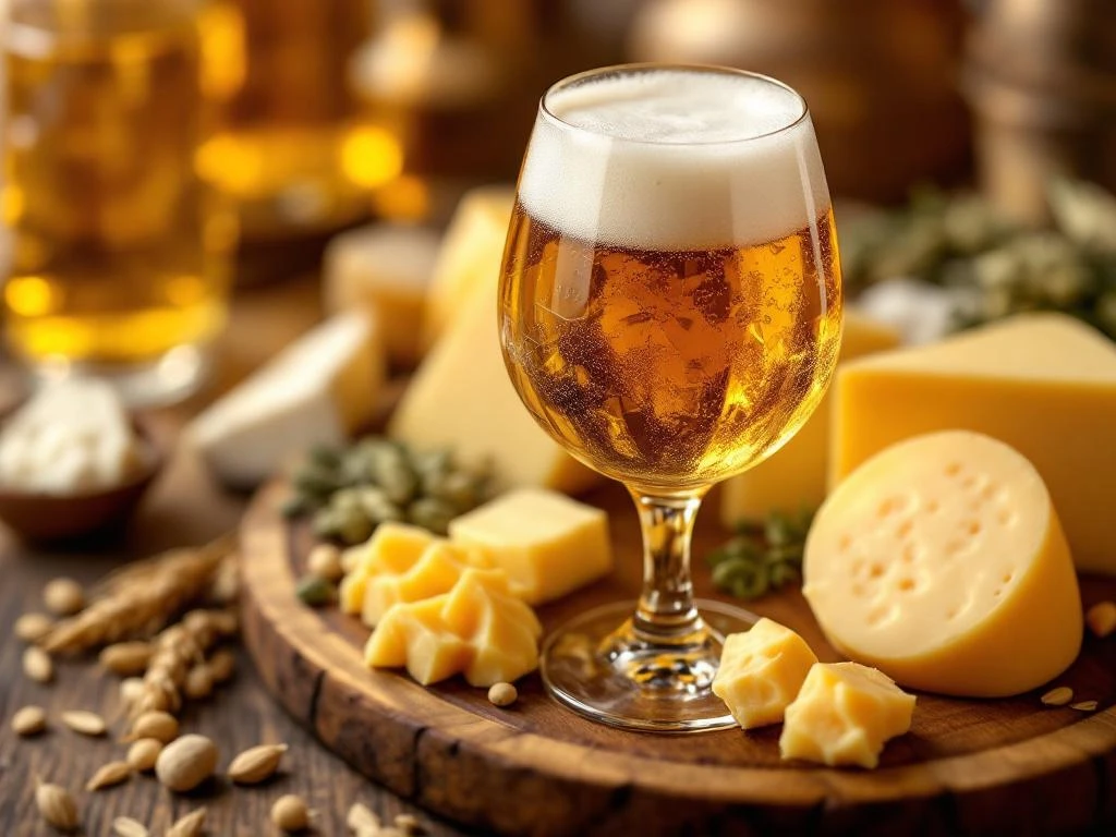 Amber Bock bier in glas met artisanale kaasplank, Gouda, Brie en cheddar op rustiek hout met gerst en hop