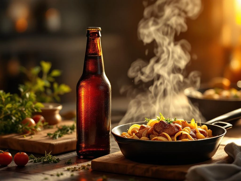 Donkere bock bierfles naast gietijzeren pan met gekarameliseerde uien en vlees, verse kruiden op houten snijplank