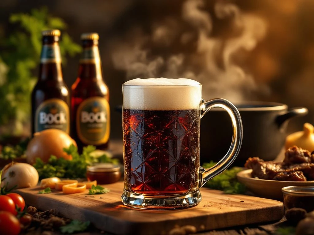 Donkere amber Bock bier wordt ingeschonken in traditionele mok met schuim, omringd door kookspullen en kruiden