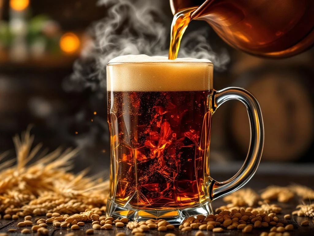 Donker amber Bock bier stroomt uit koperen brouwketel in glas met gouden schuim, omringd door moutkorrels