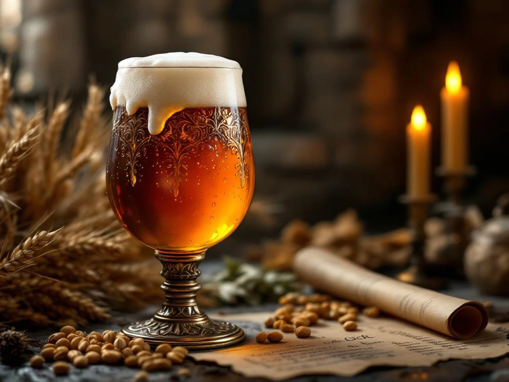 Donkere amber bock bier in middeleeuwse kelk met gouden schuim, omringd door moutkorrels en hop in kloostersfeer