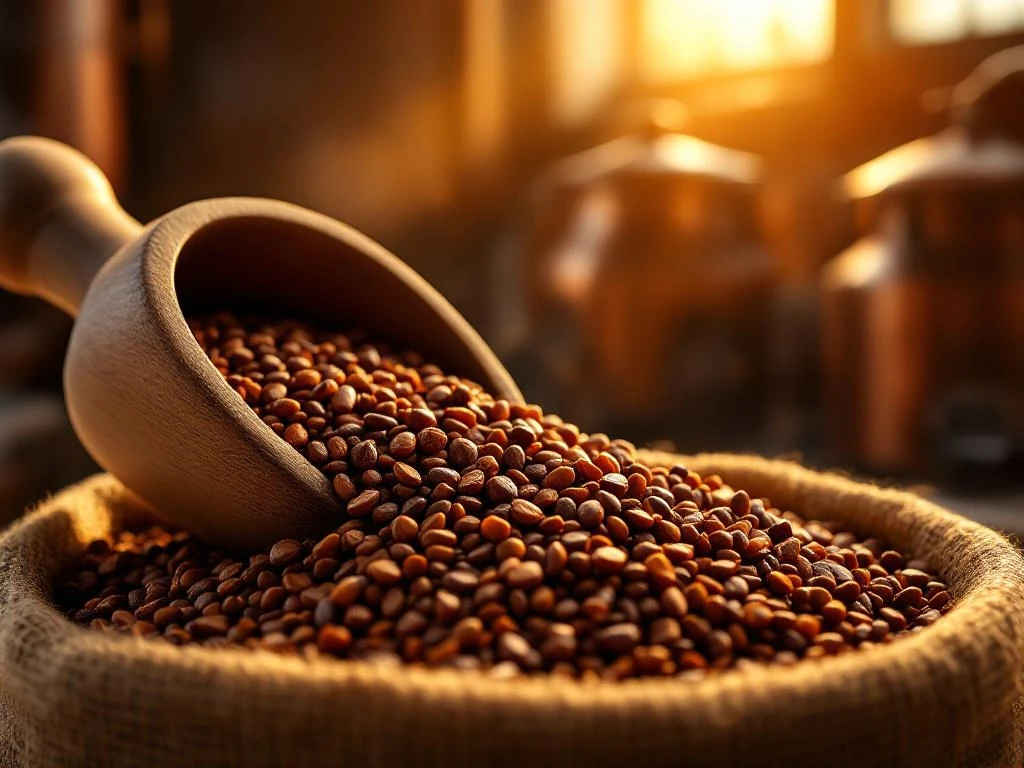 Donkere moutkorrels vallen uit houten lepel in jutezak, met koperen brouwketels op achtergrond in brouwerij