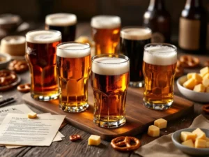 Bock bier proeverij met verschillende glazen amber en donkerbruine bieren op rustieke houten tafel met pretzels en kaas