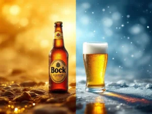 Bock bier flessen en glazen in split-screen: warme gouden tinten links, koele blauwe mist-effecten rechts