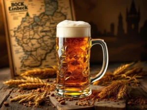Duitse bierpul met amber bockbier op houten tafel naast Beierse kaart, met tarwe en mout, historische architectuur op achtergrond
