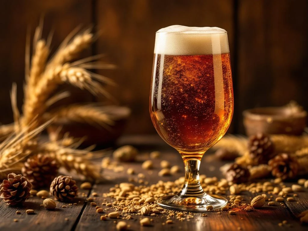 Donker amber Bock bier in tulpglas met gouden schuim op houten bar met gerst en hopbellen