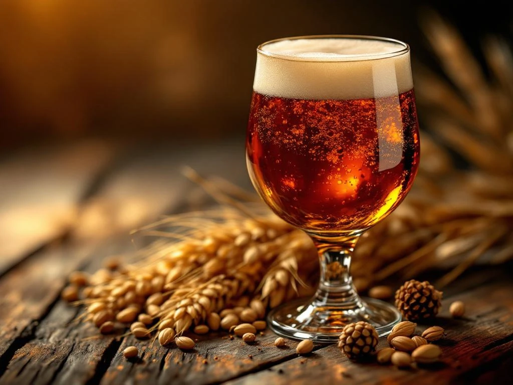 Donker amber Bock bier in tulpglas op eiken hout met gouden schuimkraag en vage gerst en hop op achtergrond