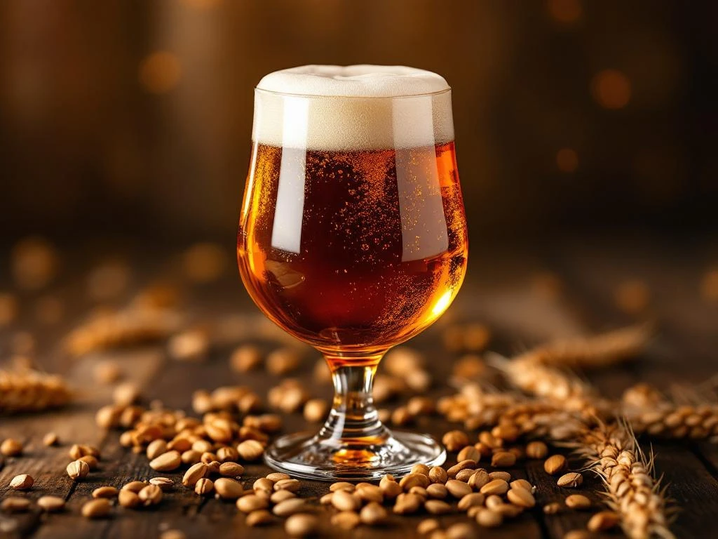 Amber bockbier in tulpglas met gouden schuim, omringd door gerst en hop op houten brouwerijdtafel