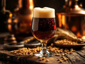 Recepten en Blog 1 Donker amber Bock bier in tulpglas met gouden schuim, omringd door gemoute gerst en vintage brouwapparatuur op eikenhout