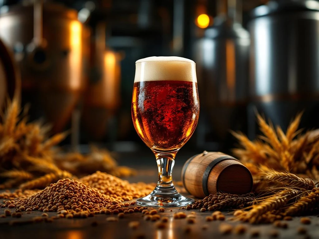 Donkere amber Bock bier in tulpglas met gouden schuim, omringd door gerst en brouwapparatuur in brouwerij