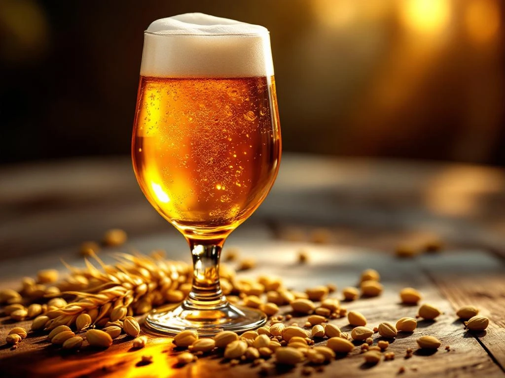 Amber Bock bier in tulpglas met schuimkraag op houten tafel met hop en gerst, warm gouden licht