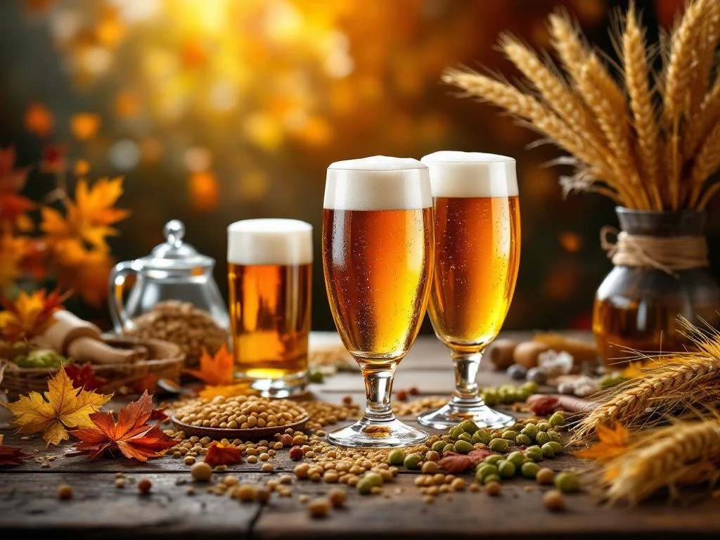 Gouden Bock bier in glas op houten brouwerijstafel met seizoenselementen, hop, gerst en brouwgereedschap