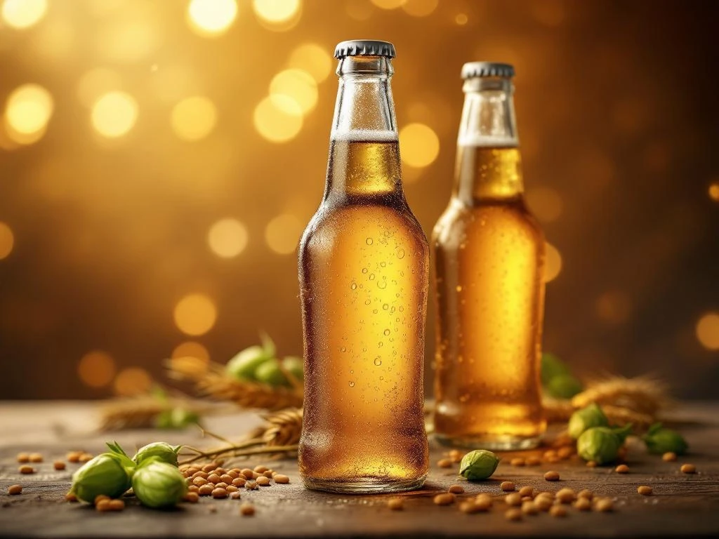 Drie Bock bierflessen met gouden amber bier op rustieke houten ondergrond met hop en gerst, warme sfeerverlichting