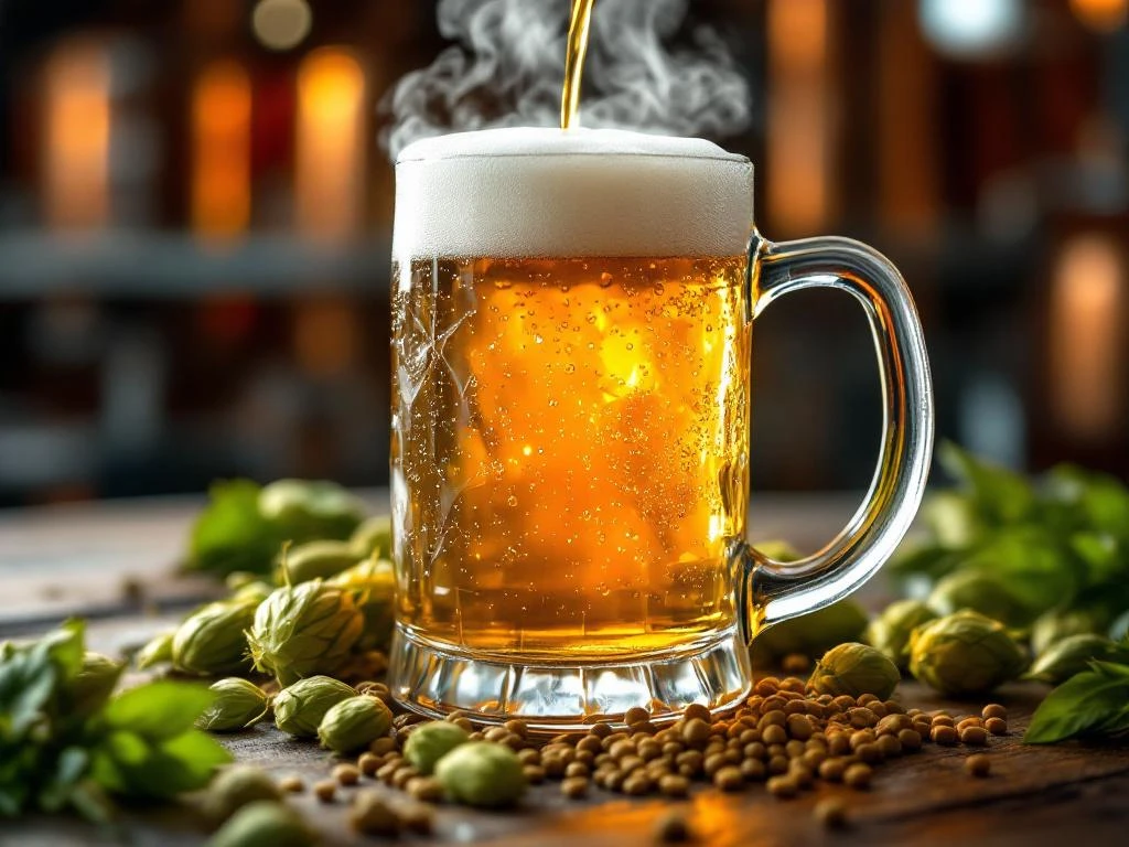 Gouden Bock bier wordt ingeschonken in traditioneel Duits glas met schuim, hop en brouwapparatuur op houten tafel