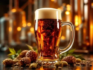 Recepten en Blog 2 Donkeramberen Bock bierglas met crèmekleurige schuimkraag voor koperen brouwapparatuur met hopbellen