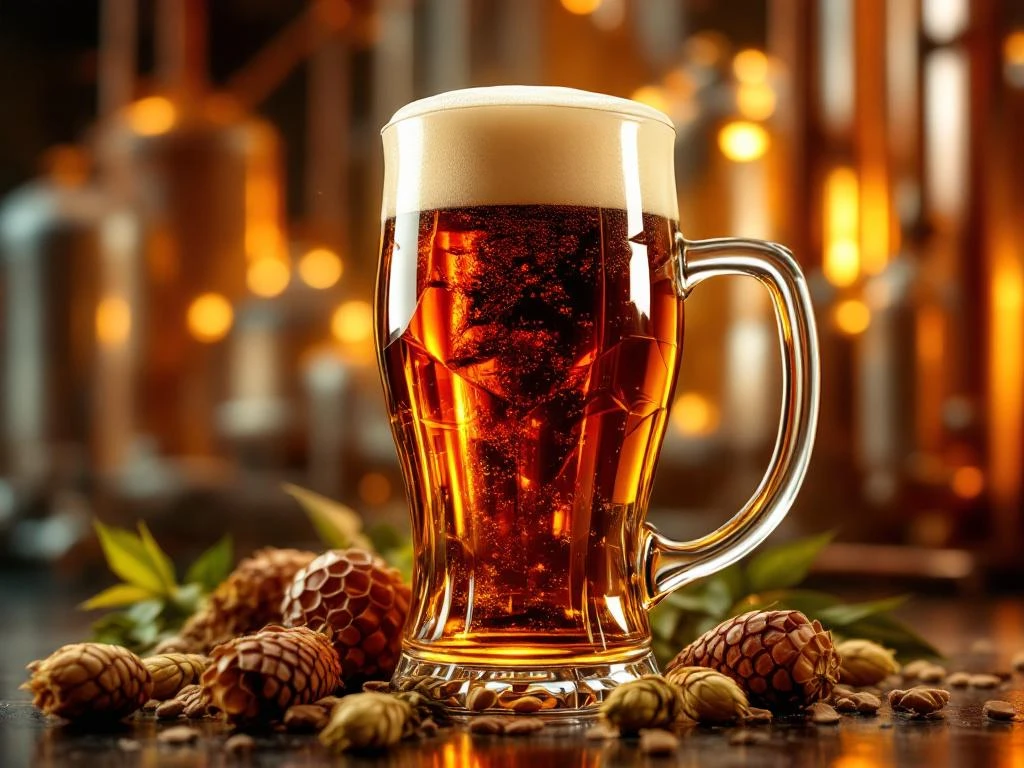 Donkeramberen Bock bierglas met crèmekleurige schuimkraag voor koperen brouwapparatuur met hopbellen