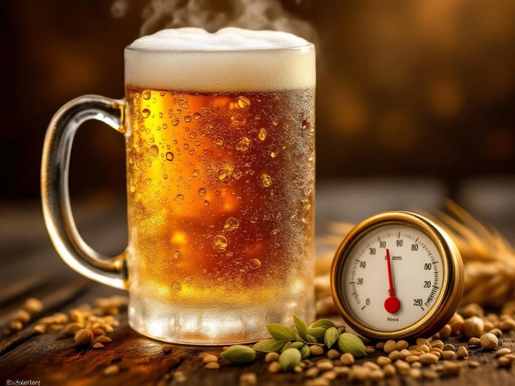 Berijpte glazen mok met amberkeurig Bock bier, thermometer toont ideale temperatuur, gerst en hop op houten tafel