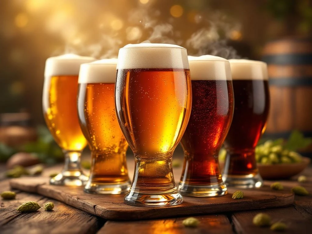 Verschillende Bock bieren in glazen met amber en bruine tinten op houten tafel met hopbellen en vaten op achtergrond