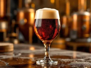 Donker amber Bock bier in tulpglas met gouden schuimkraag, condensdruppels op glas, brouwerij achtergrond met koperen ketels
