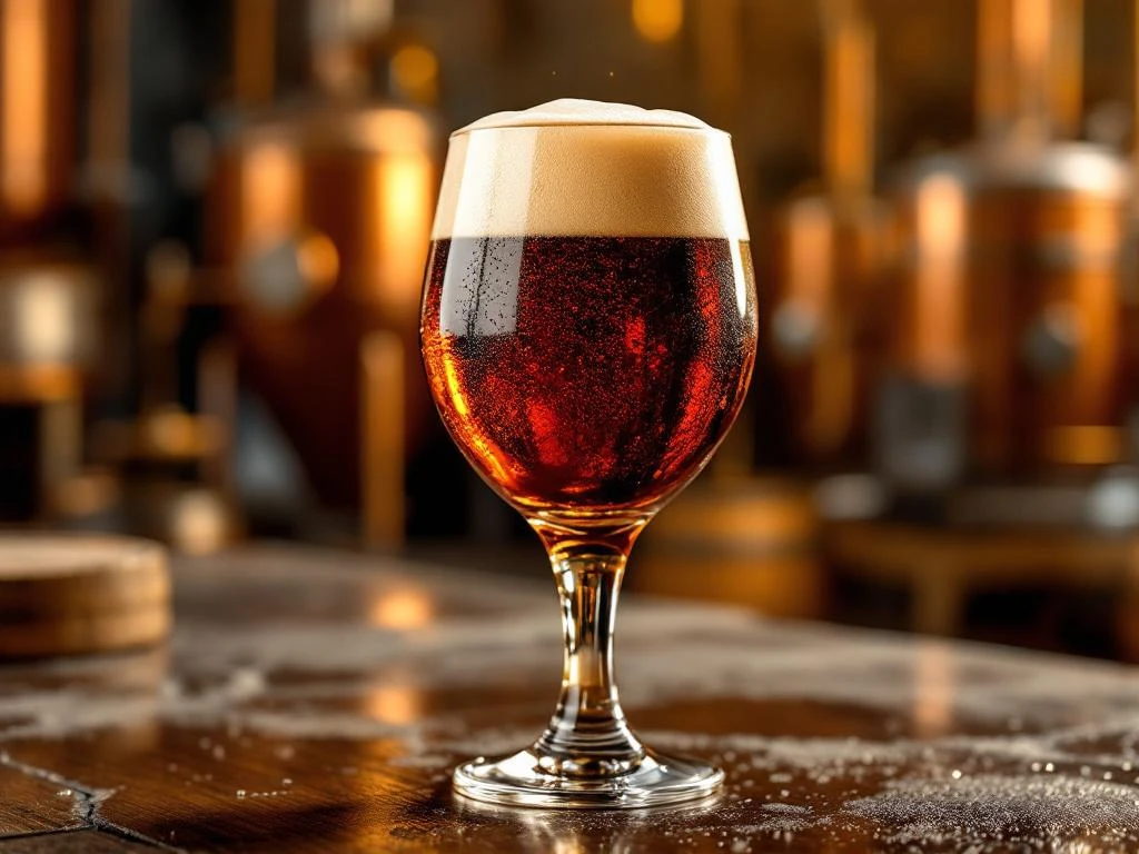 Donker amber Bock bier in tulpglas met gouden schuimkraag, condensdruppels op glas, brouwerij achtergrond met koperen ketels