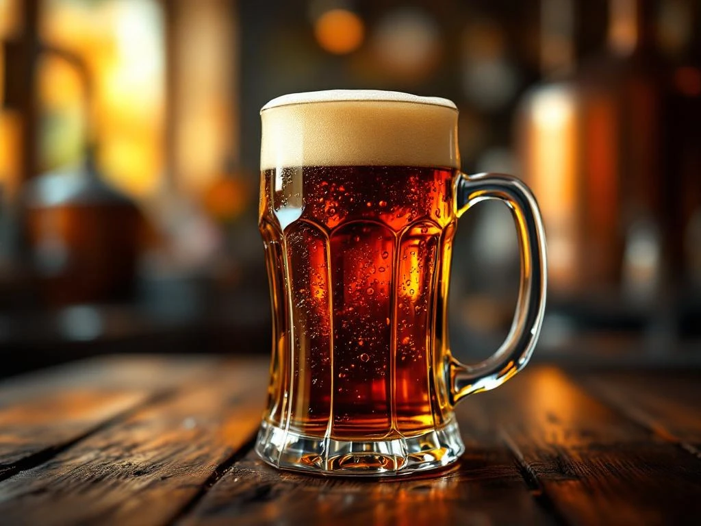 Donkeramber bockbier in elegant glas met gouden schuimkraag op rustieke houten tafel met brouwerijapparatuur op achtergrond