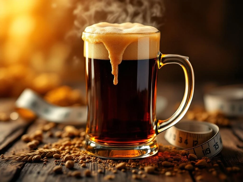 Donkeramber bockbier in elegant glas met gouden schuim, omringd door gerst en hop op rustiek hout