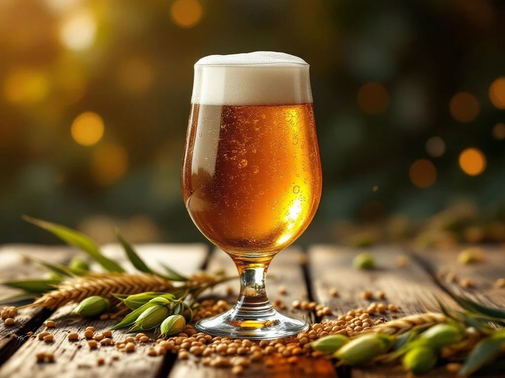 Gouden Maibock bier in tulpglas met romige schuimkraag op houten planken met hop en gerst