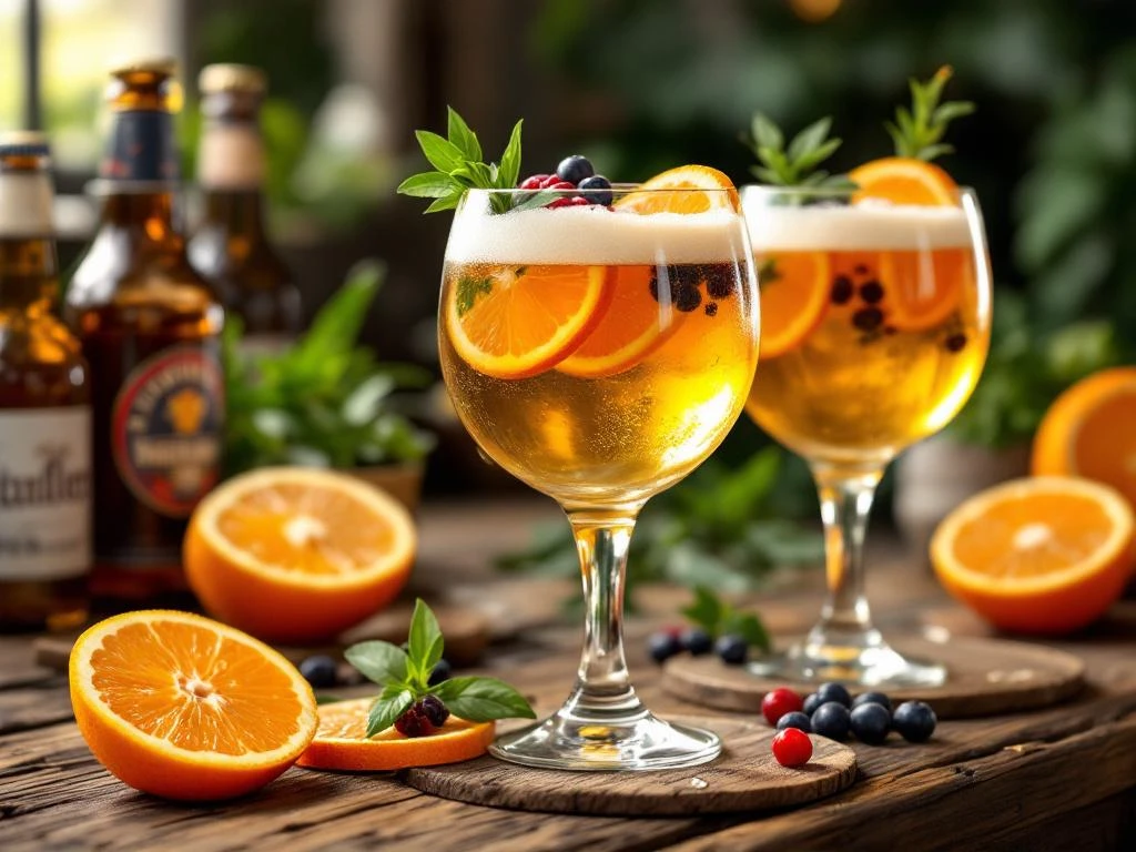 Tarwebier cocktails met sinaasappel en bessen op rustieke houten bar, warme verlichting en ambachtelijke sfeer