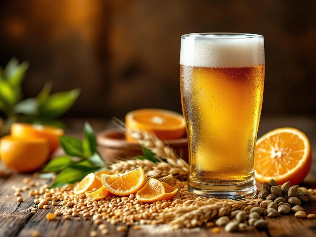 Tarwebier ingrediënten met gouden graan, sinaasappelschil en korianderzaadjes op houten brouwoppervlak met troebel bier