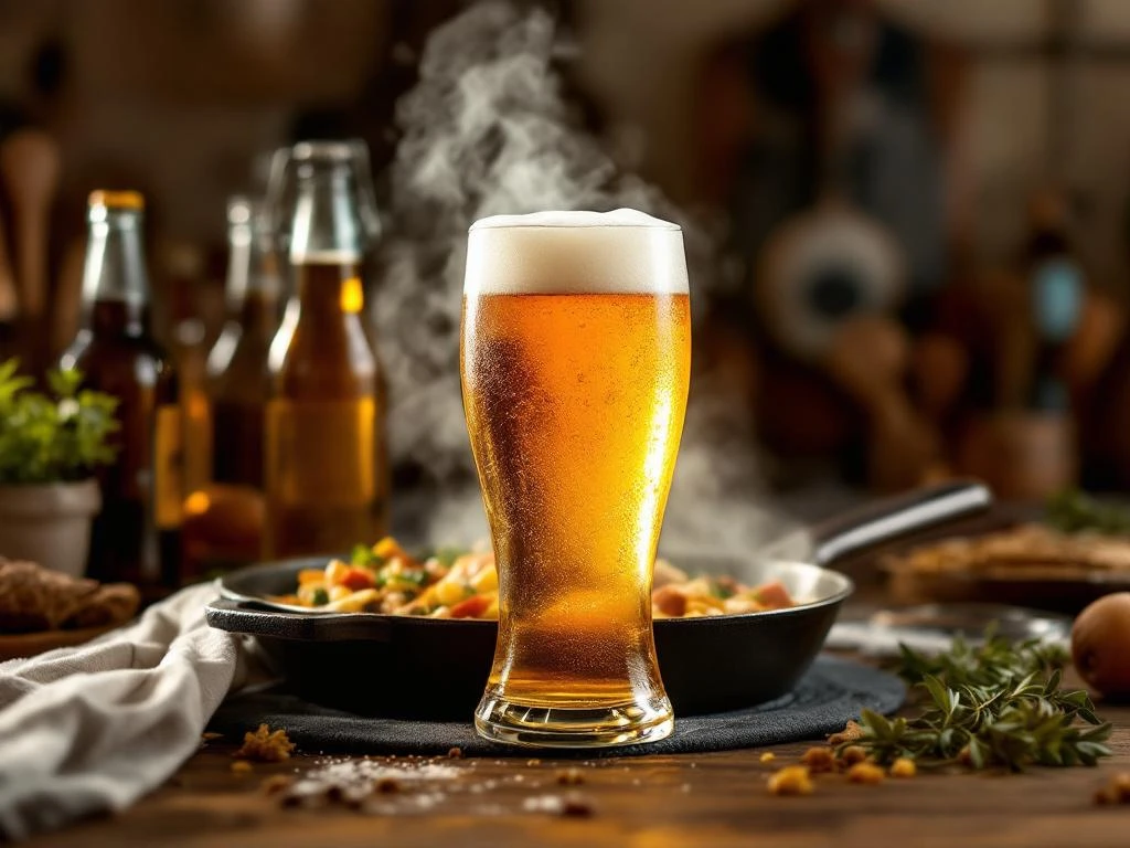Groot glas gouden tarwebier met schuimkraag naast gietijzeren pan met sisselende ingrediënten in warme keuken