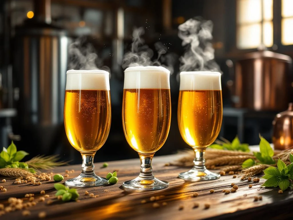 Drie tripel bierglazen met gouden bier op houten brouwerijtafel, omringd door gerst en hop met brouwapparatuur op achtergrond