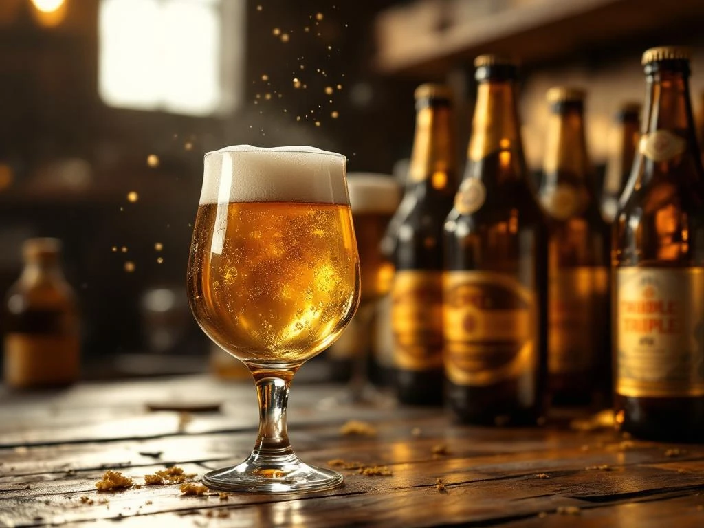 Hoe beïnvloedt het rijpingsproces de smaak van tripel bier? 6 Gouden tripelbier in tulpglas met schuimkraag, verouderde flessen op houten planken in rustieke bierkelder